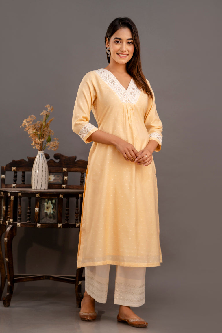 Butter Yellow Chanderi Kurta with Embroidered Trims