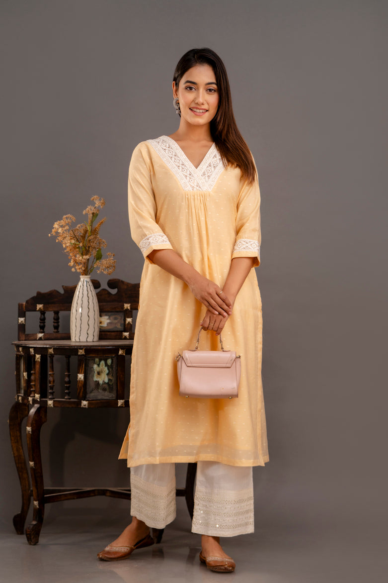 Butter Yellow Chanderi Kurta with Embroidered Trims