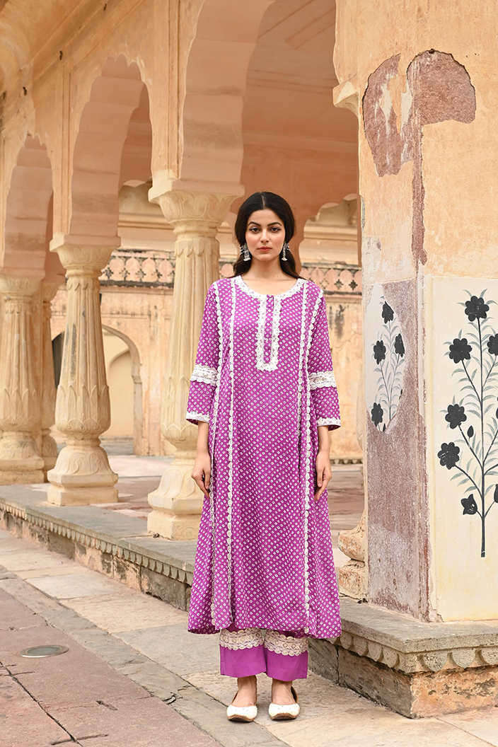 Purple Lace Work Modal Kurta Pant Set
