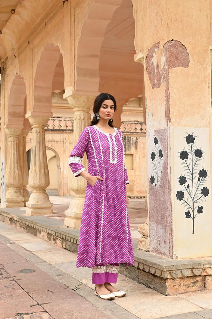 Purple Lace Work Modal Kurta Pant Set