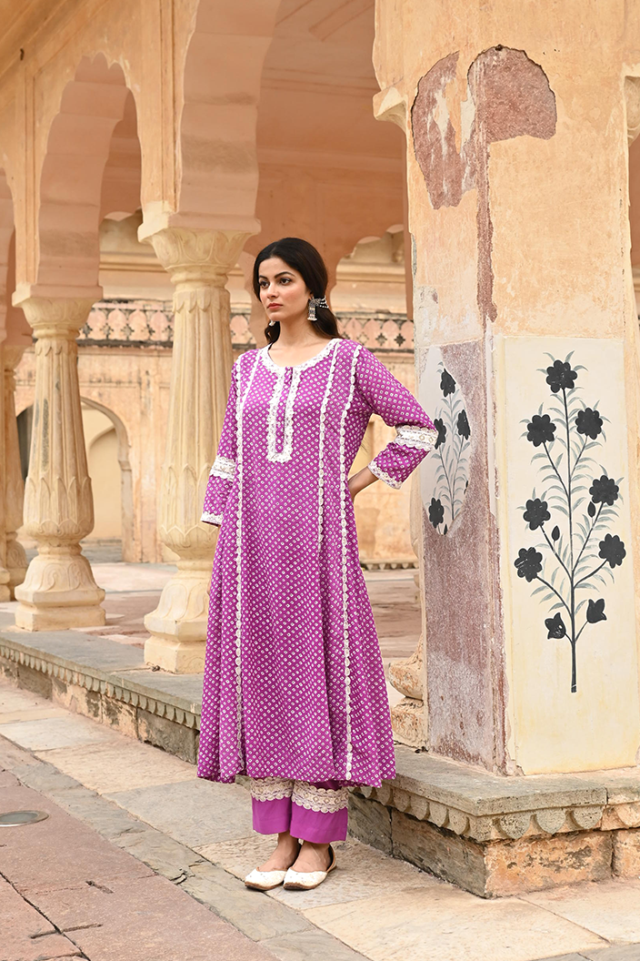 Purple Lace Work Modal Kurta Pant Set
