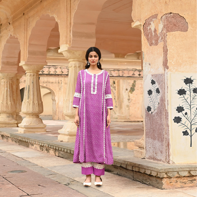 Purple Lace Work Modal Kurta Pant Set