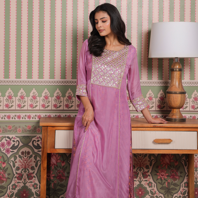 Mauve Double Layered Organza and Modal Kurta with Gota Patti Embroidery