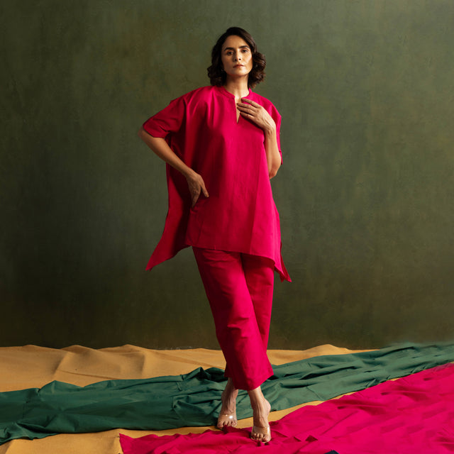Magenta Cotton Linen Kaftan Style Co-Ord Set