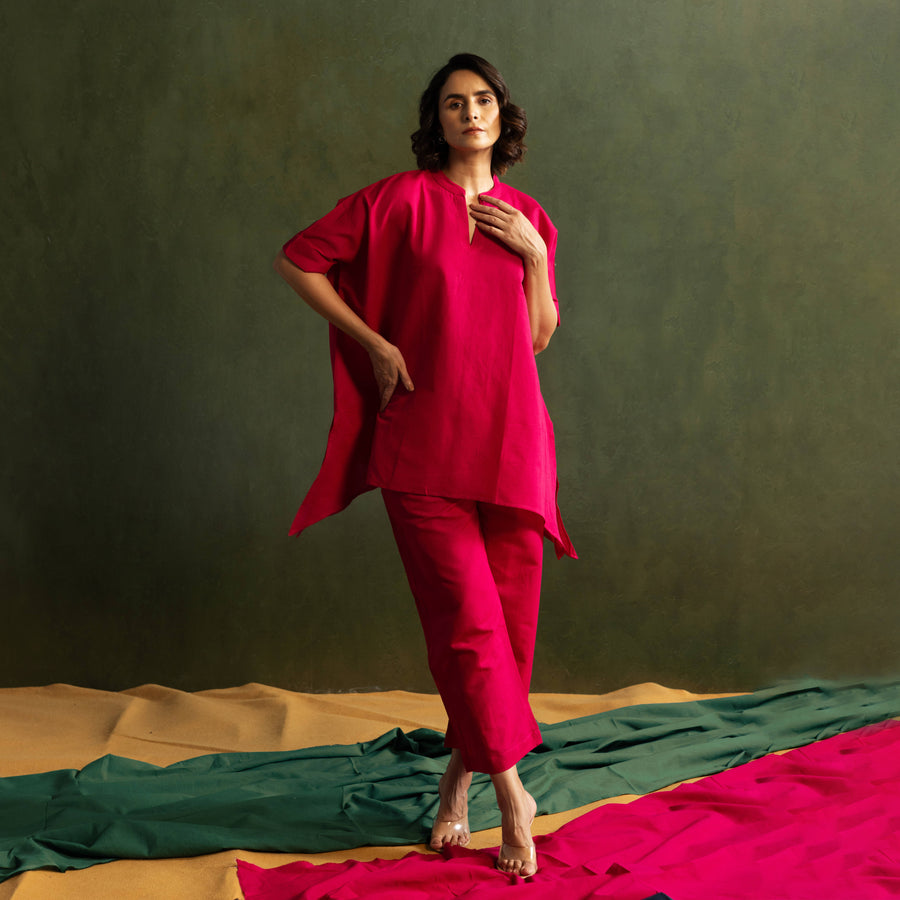Magenta Cotton Linen Kaftan Style Co-Ord Set