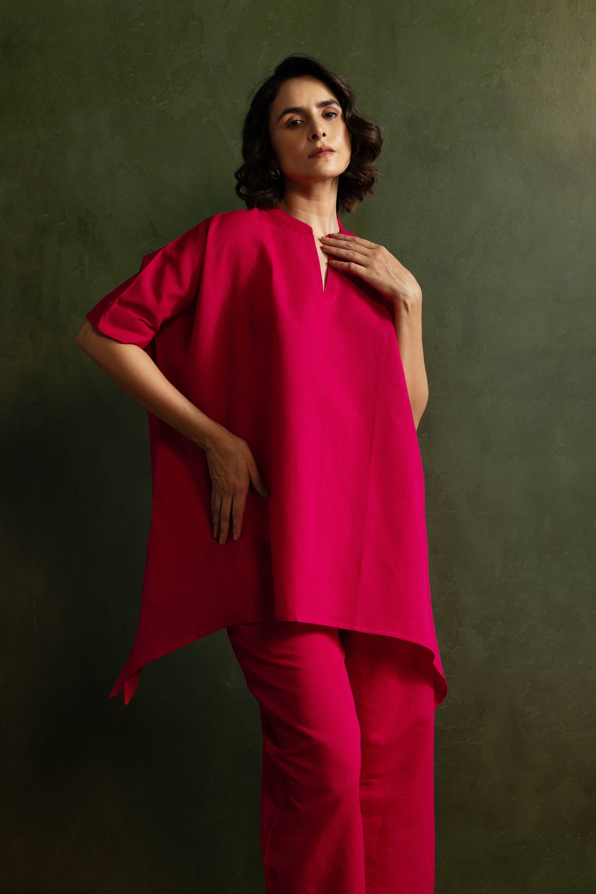 Magenta Cotton Linen Kaftan Style Co-Ord Set