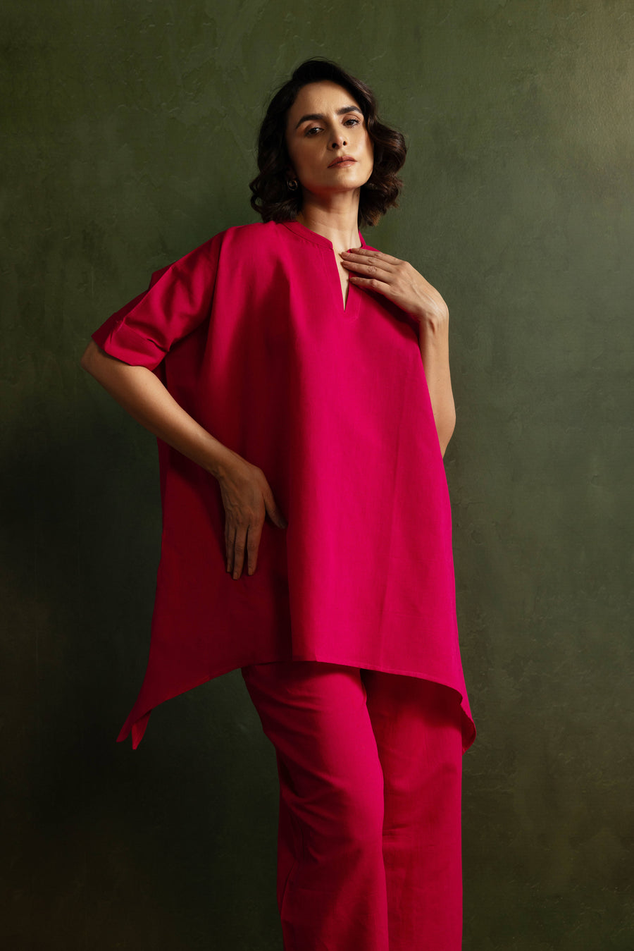 Magenta Cotton Linen Kaftan Style Co-Ord Set
