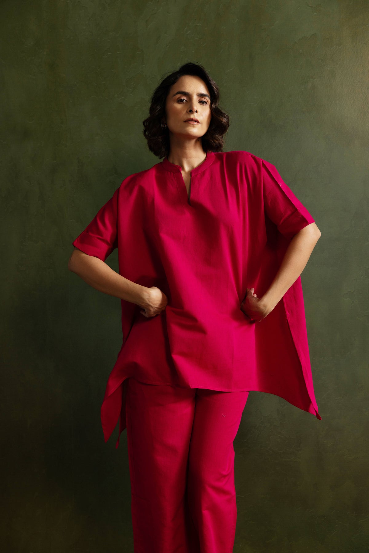 Magenta Cotton Linen Kaftan Style Co-Ord Set