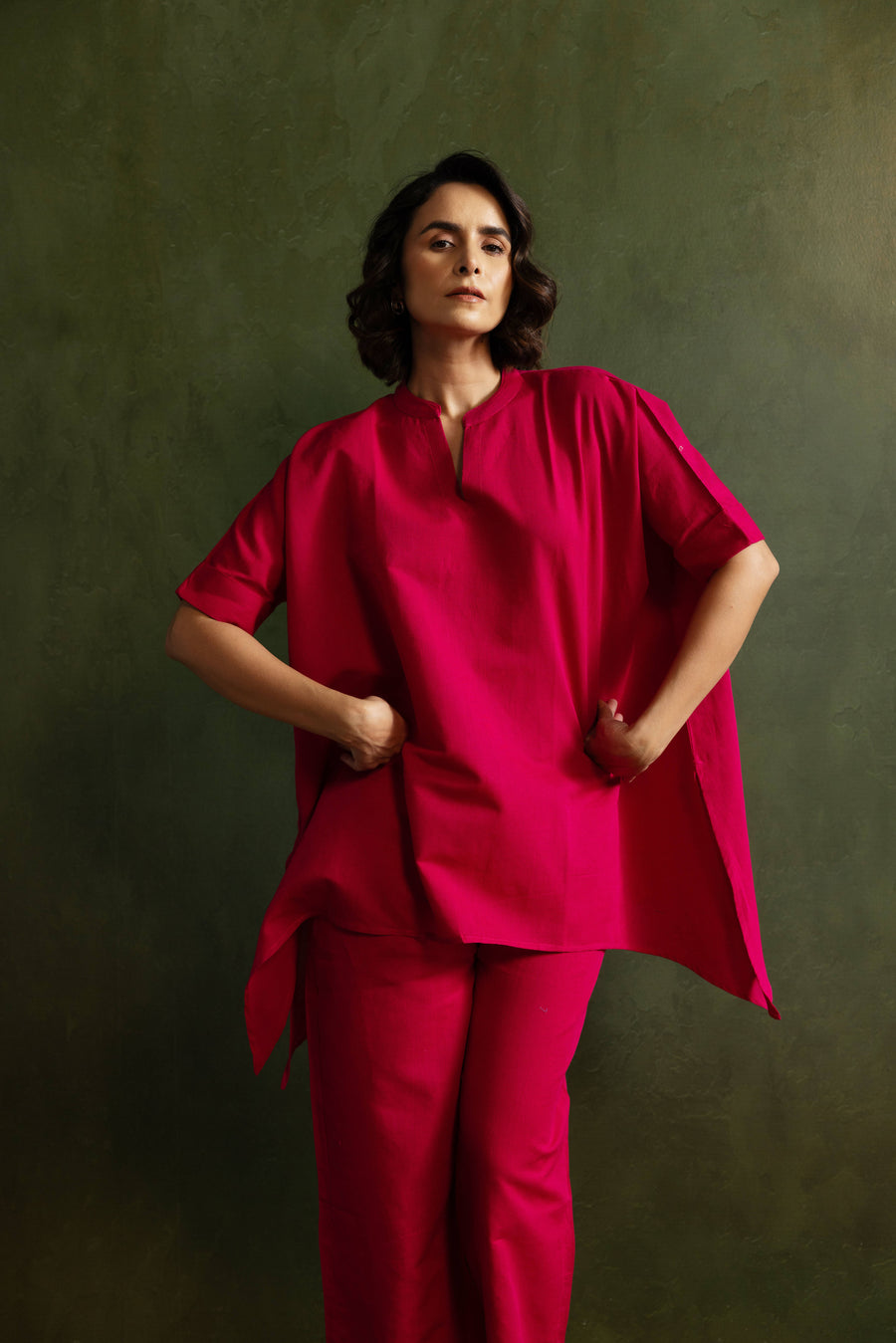 Magenta Cotton Linen Kaftan Style Co-Ord Set