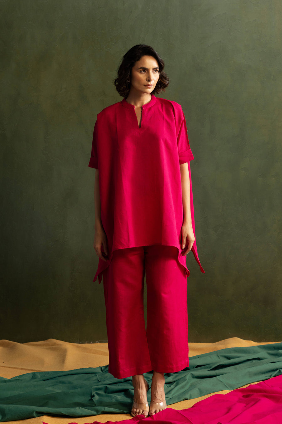 Magenta Cotton Linen Kaftan Style Co-Ord Set