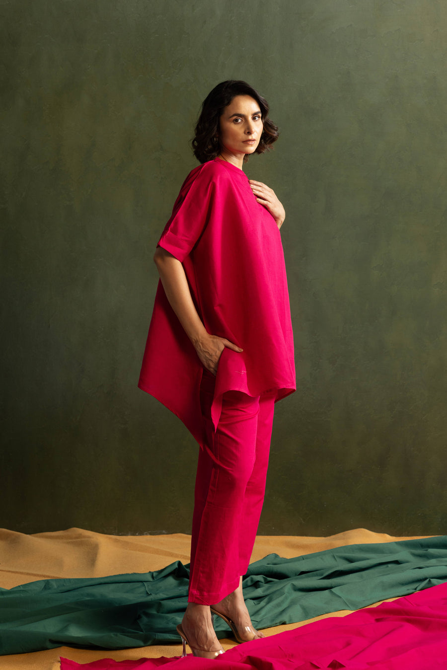 Magenta Cotton Linen Kaftan Style Co-Ord Set