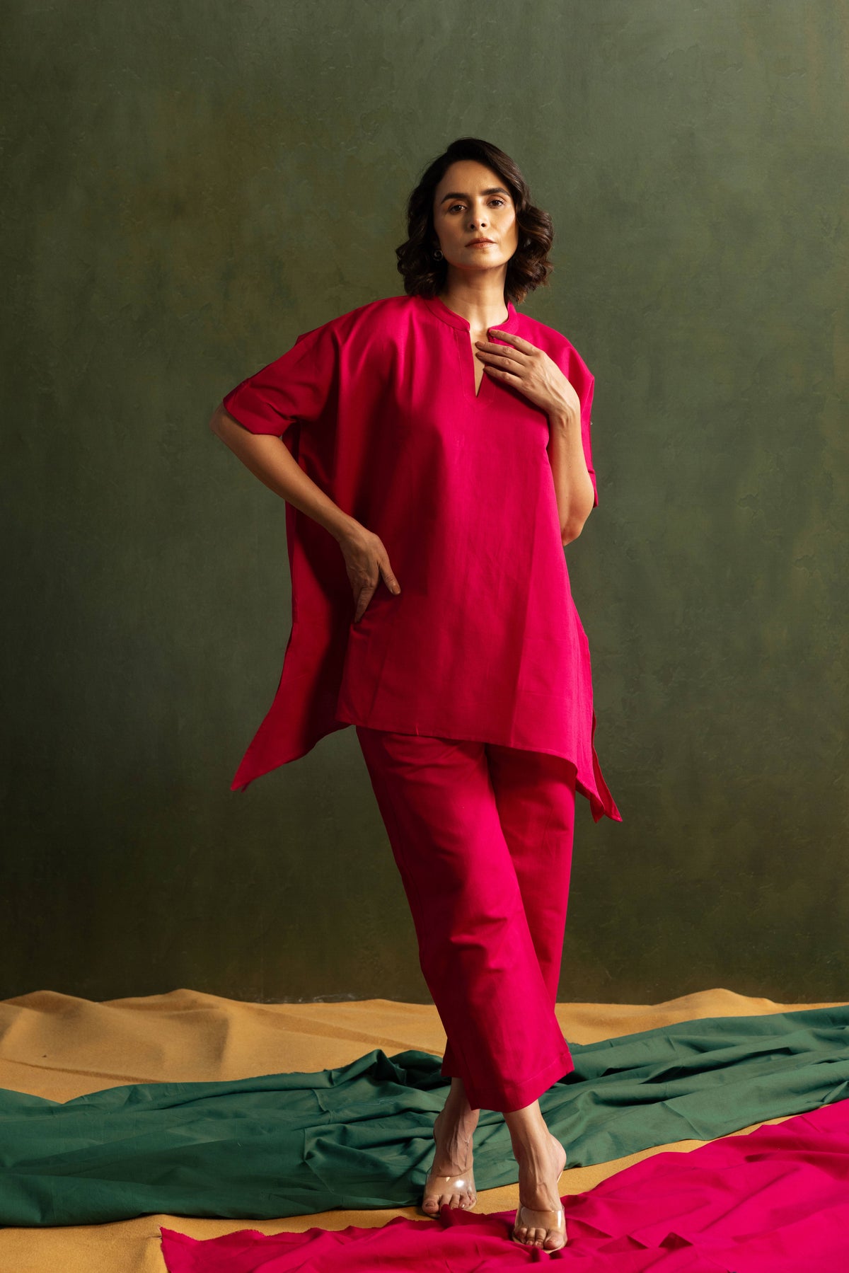 Magenta Cotton Linen Kaftan Style Co-Ord Set