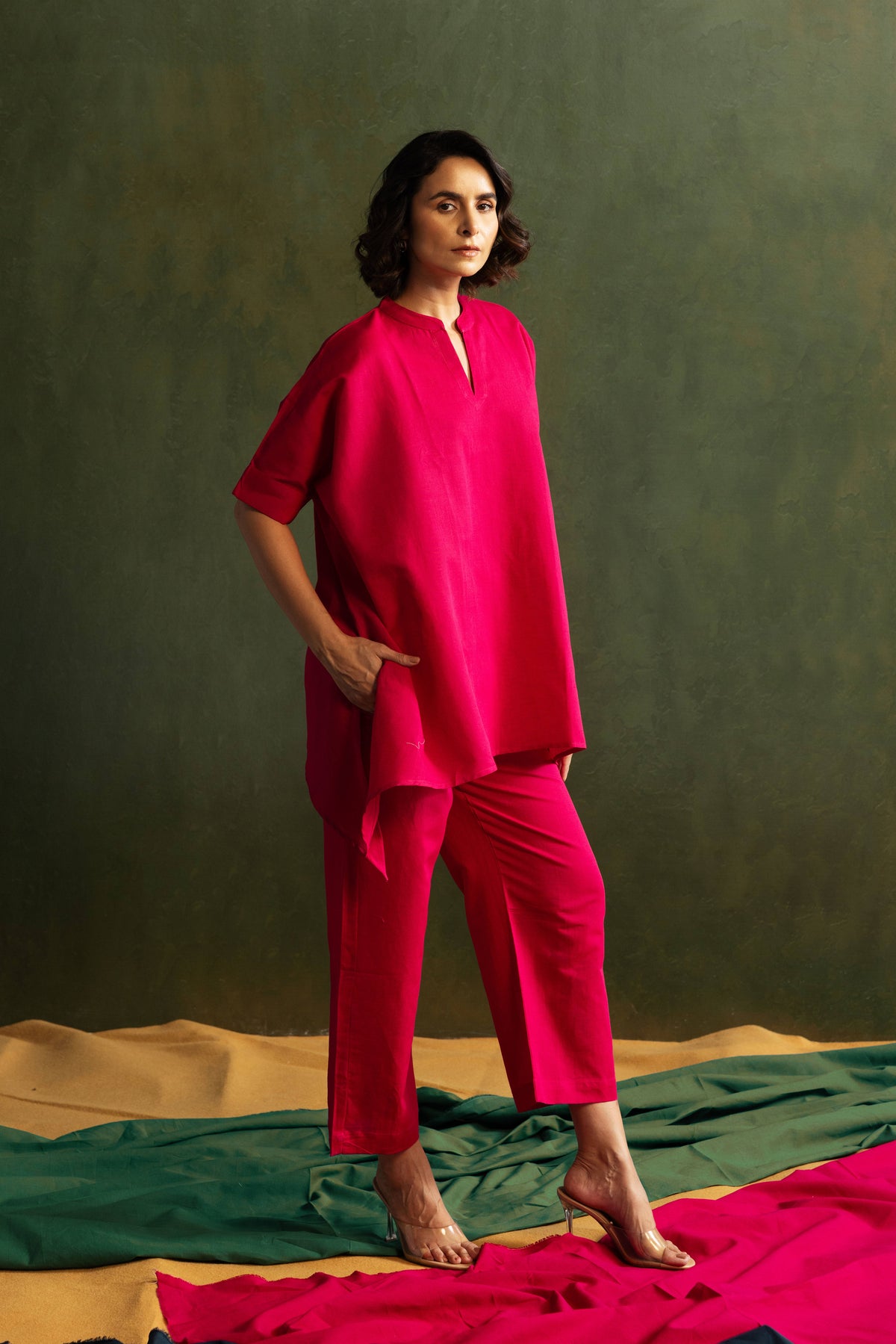 Magenta Cotton Linen Kaftan Style Co-Ord Set