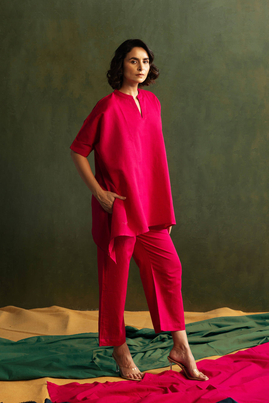 Magenta Cotton Linen Kaftan Style Co-Ord Set