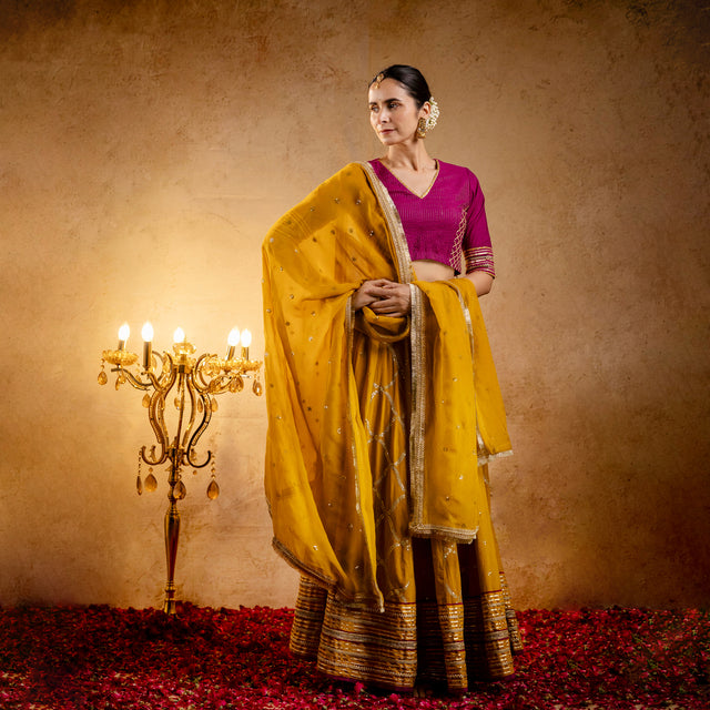 Mustard Embroidered Cotton Lehenga with Wine Cotton Silk Blouse with Gota work and Mustard Zari Gota Lace Organza Dupatta