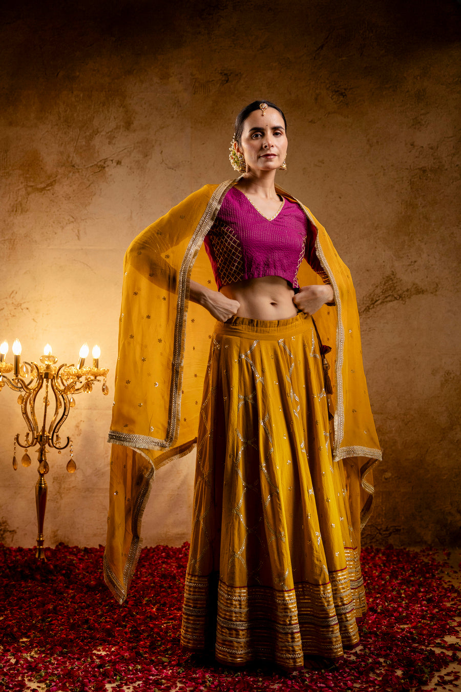 Mustard Embroidered Cotton Lehenga with Wine Cotton Silk Blouse with Gota work and Mustard Zari Gota Lace Organza Dupatta