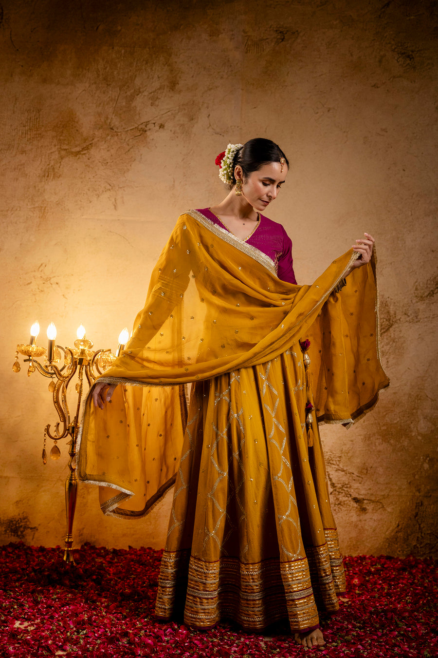 Mustard Embroidered Cotton Lehenga with Wine Cotton Silk Blouse with Gota work and Mustard Zari Gota Lace Organza Dupatta