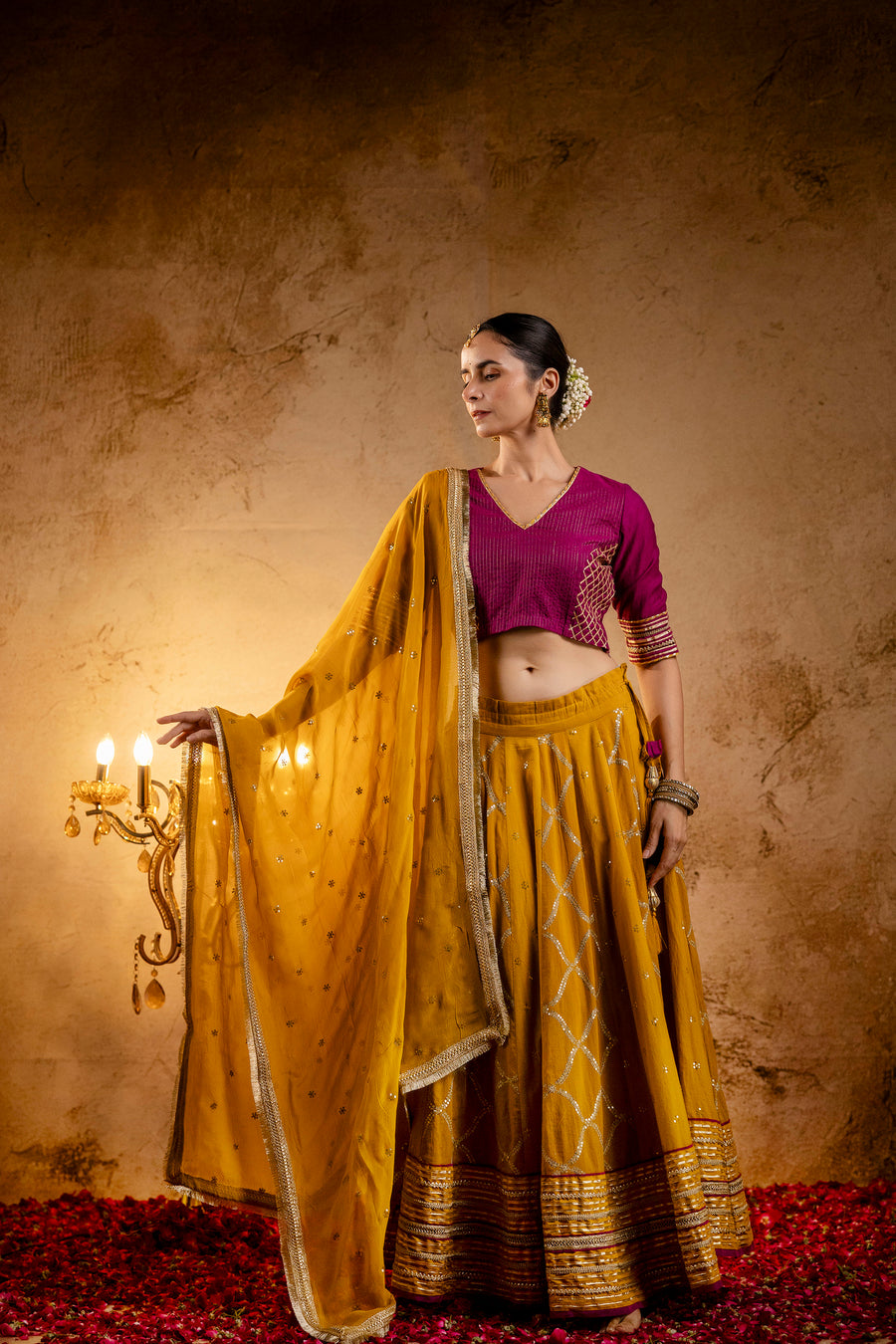 Mustard Embroidered Cotton Lehenga with Wine Cotton Silk Blouse with Gota work and Mustard Zari Gota Lace Organza Dupatta
