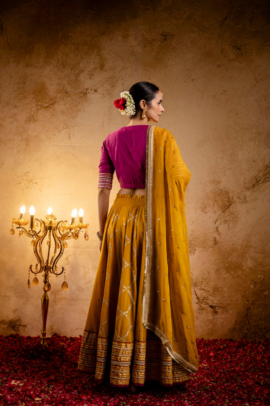 Mustard Embroidered Cotton Lehenga with Wine Cotton Silk Blouse with Gota work and Mustard Zari Gota Lace Organza Dupatta