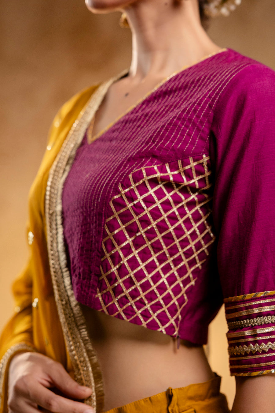 Mustard Embroidered Cotton Lehenga with Wine Cotton Silk Blouse with Gota work and Mustard Zari Gota Lace Organza Dupatta