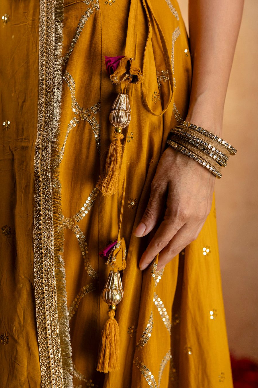 Mustard Embroidered Cotton Lehenga with Wine Cotton Silk Blouse with Gota work and Mustard Zari Gota Lace Organza Dupatta