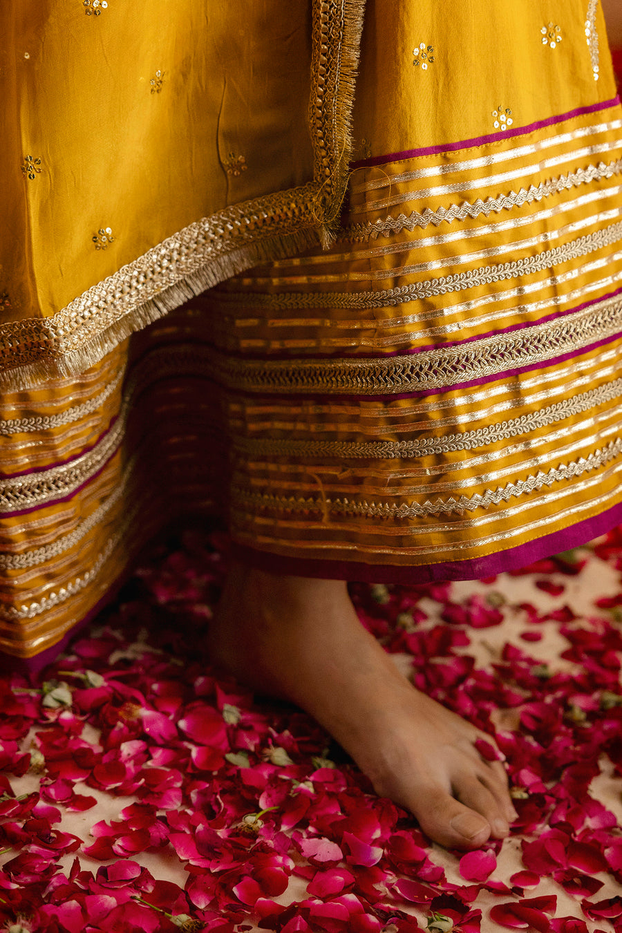 Mustard Embroidered Cotton Lehenga with Wine Cotton Silk Blouse with Gota work and Mustard Zari Gota Lace Organza Dupatta