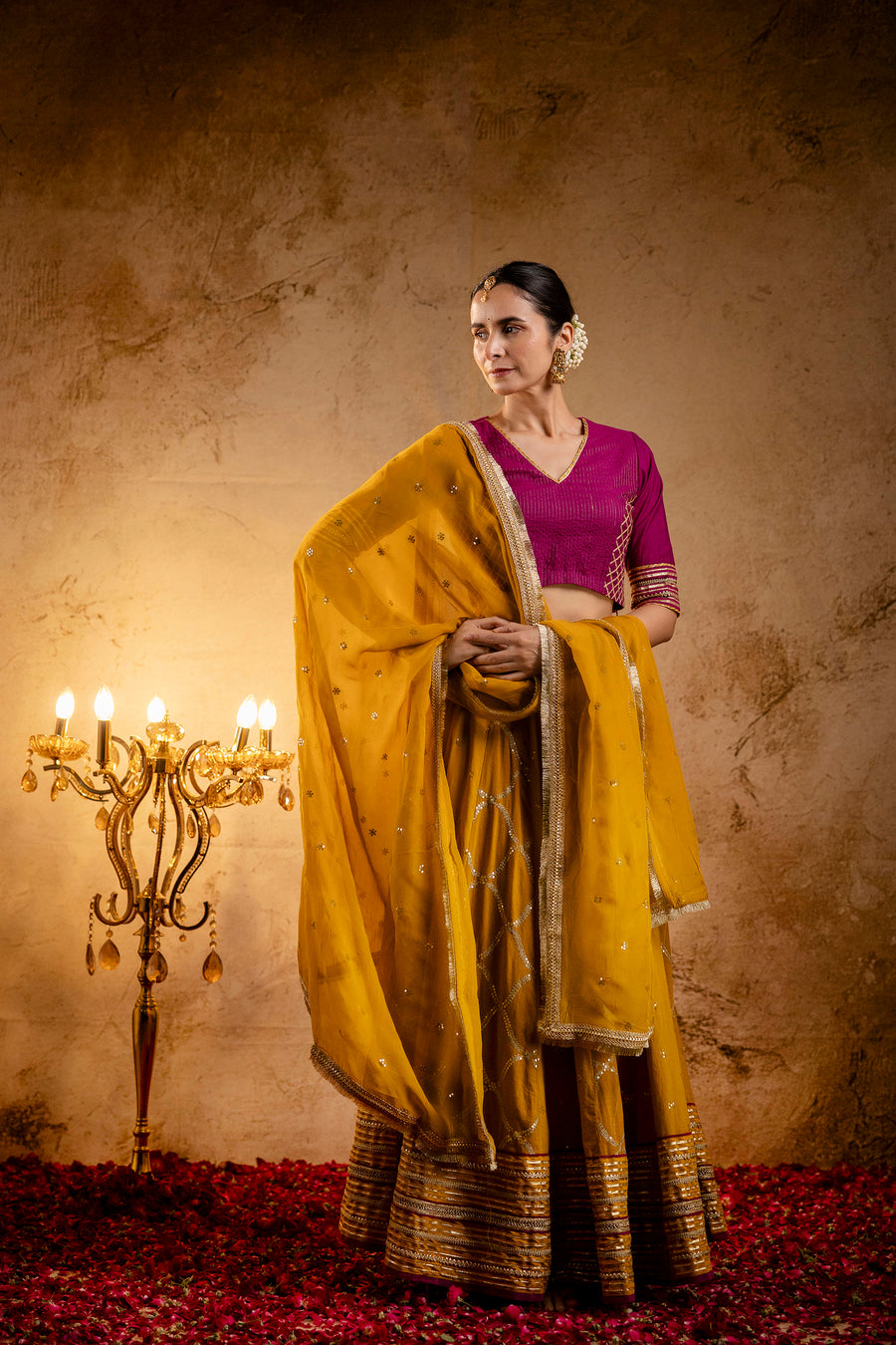 Mustard Embroidered Cotton Lehenga with Wine Cotton Silk Blouse with Gota work and Mustard Zari Gota Lace Organza Dupatta