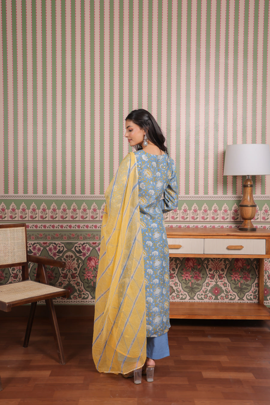 Blue Printed Modal Gota Patti Embroidered Suit Set