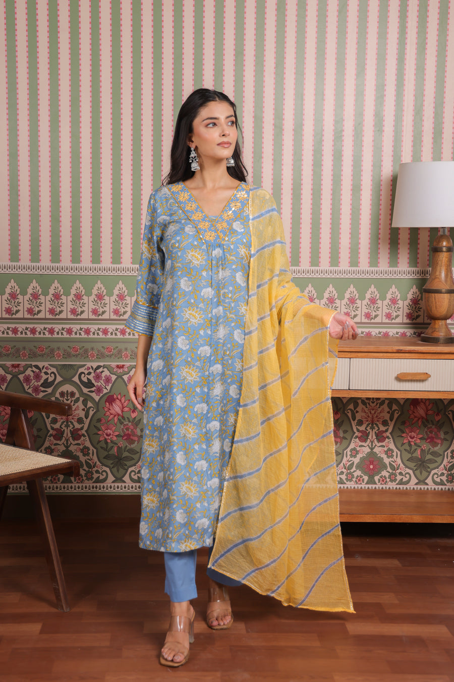 Blue Printed Modal Gota Patti Embroidered Suit Set
