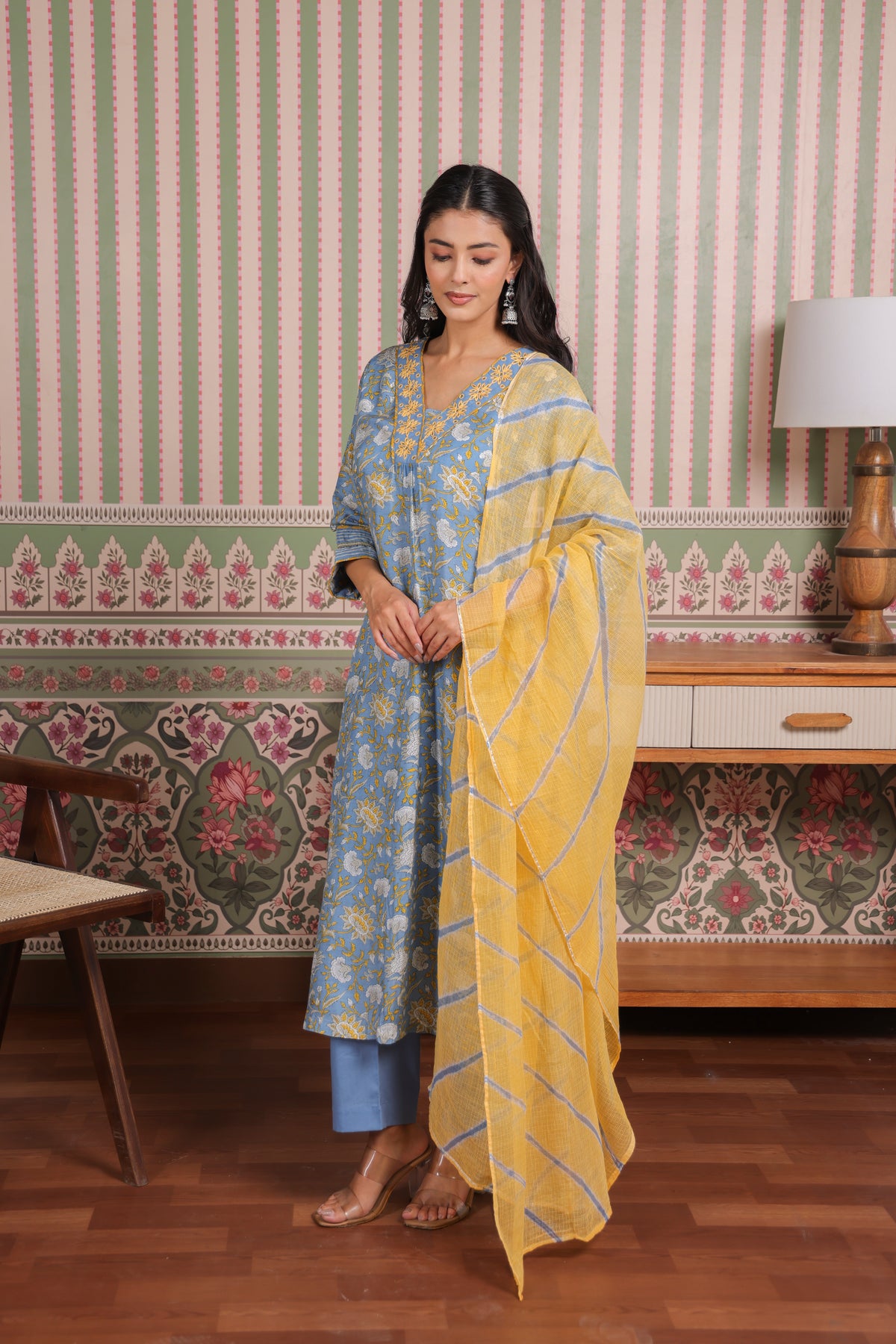 Blue Printed Modal Gota Patti Embroidered Suit Set