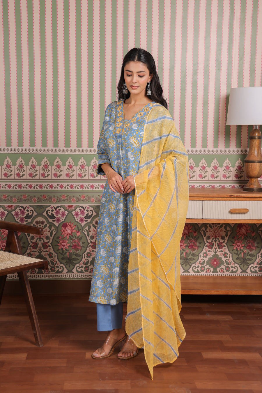 Blue Printed Modal Gota Patti Embroidered Suit Set