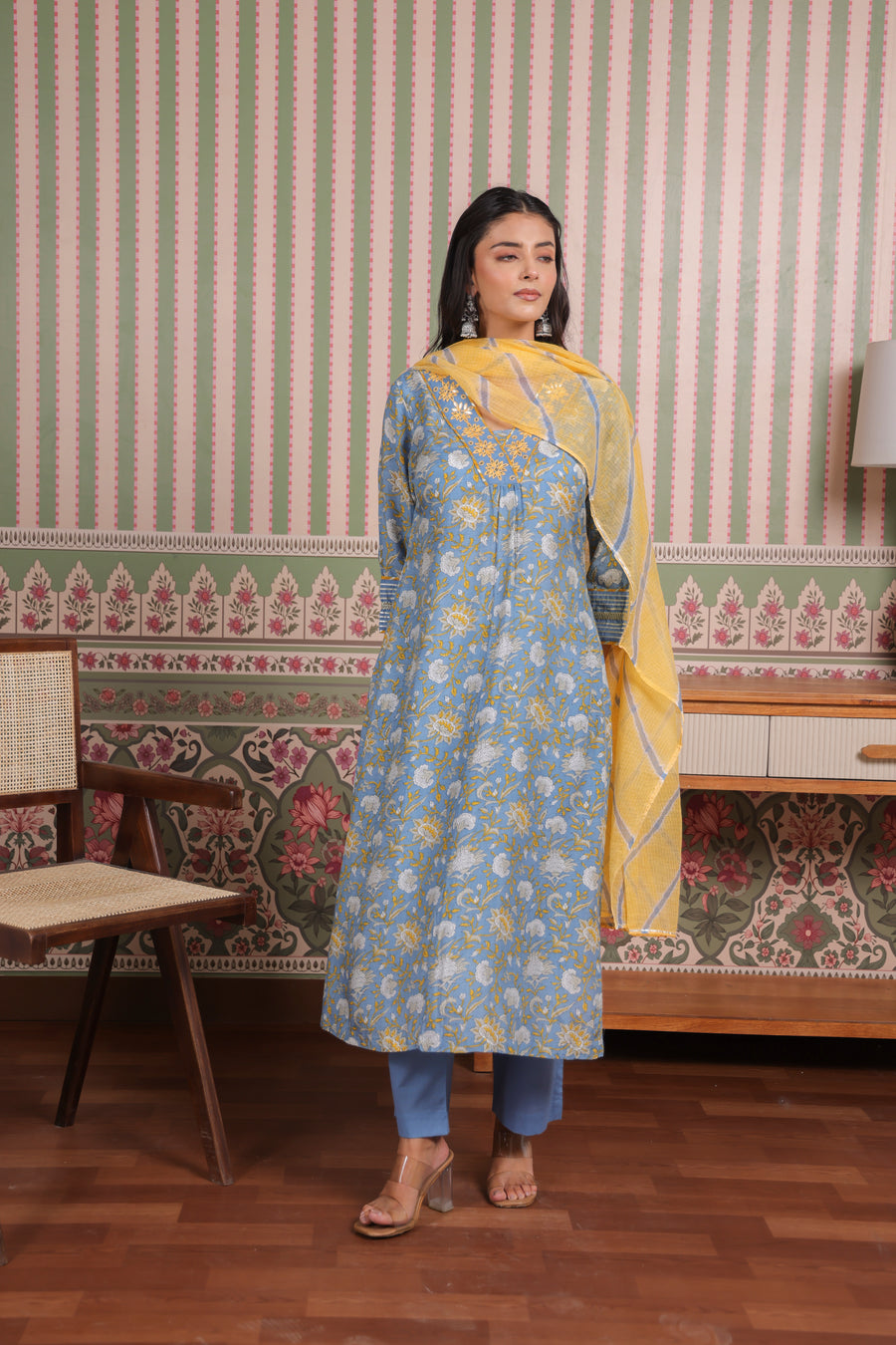 Blue Printed Modal Gota Patti Embroidered Suit Set