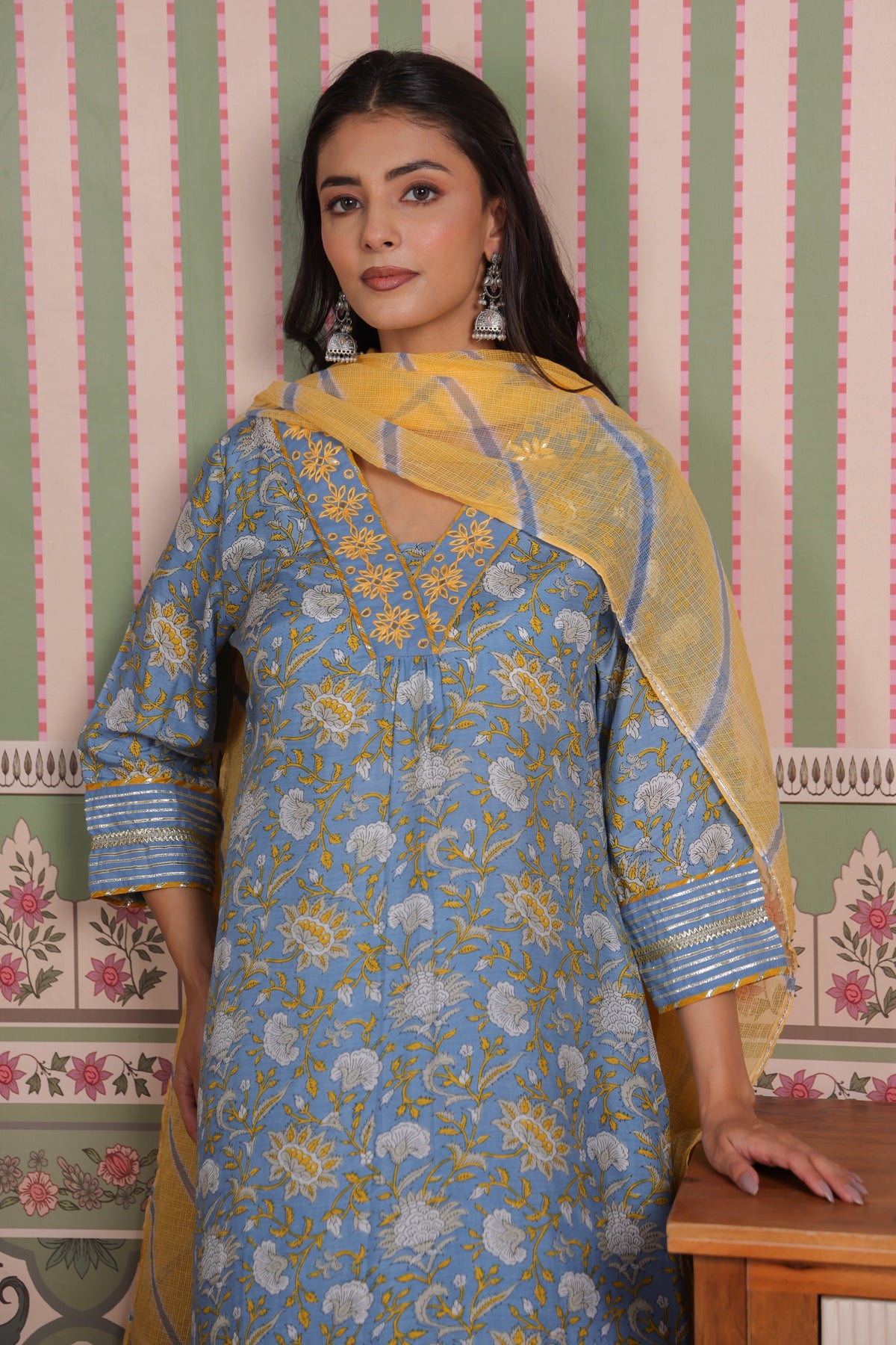 Blue Printed Modal Gota Patti Embroidered Suit Set