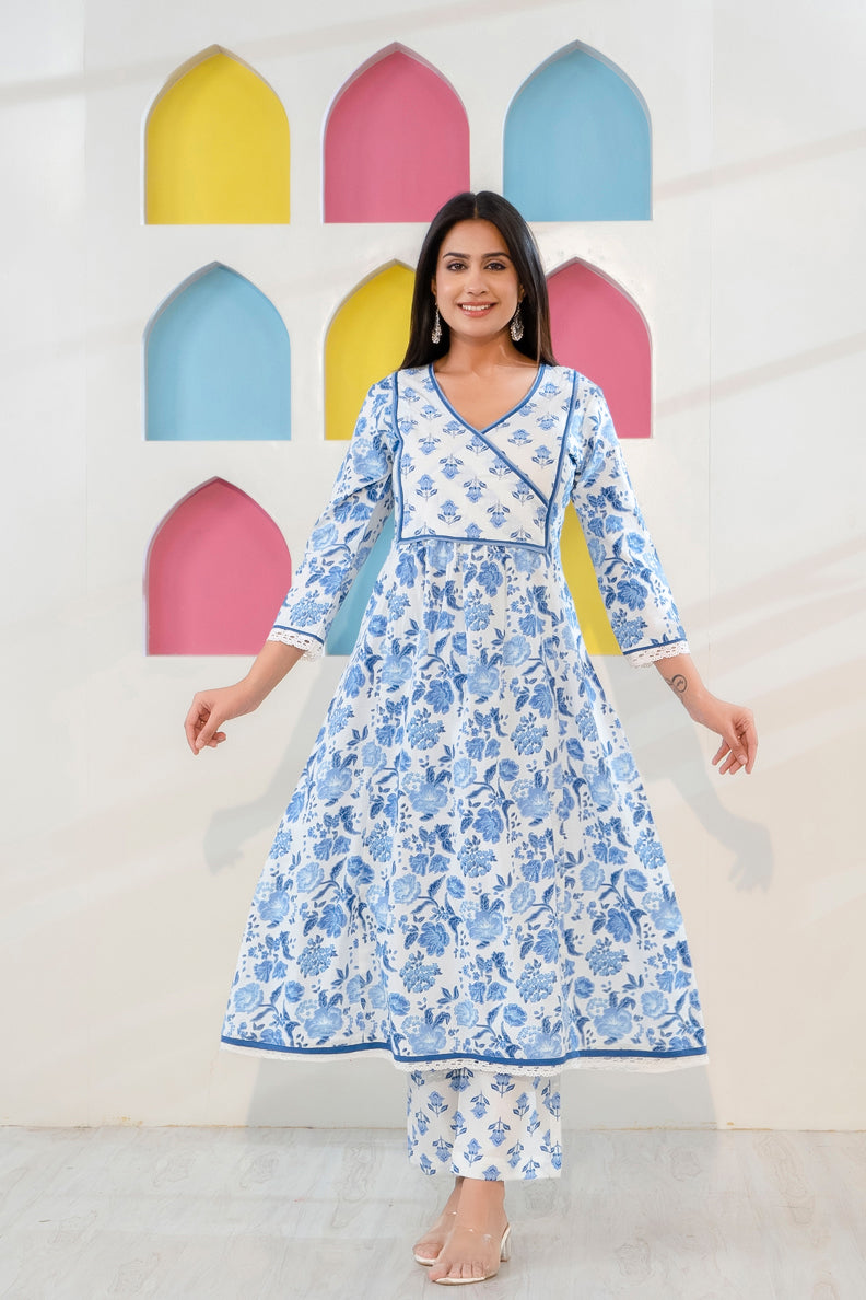 Blue and White Printed A-Line Kurta with Pant