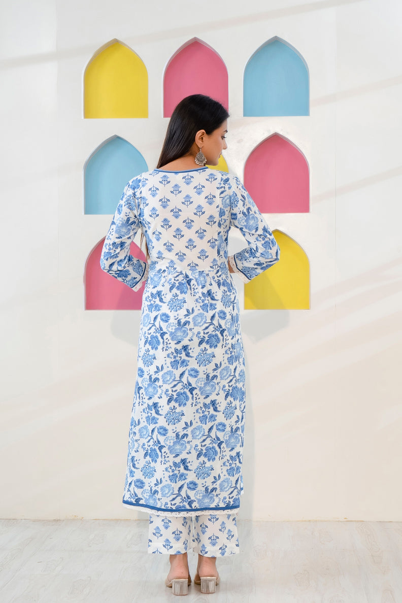 Blue and White Printed A-Line Kurta with Pant