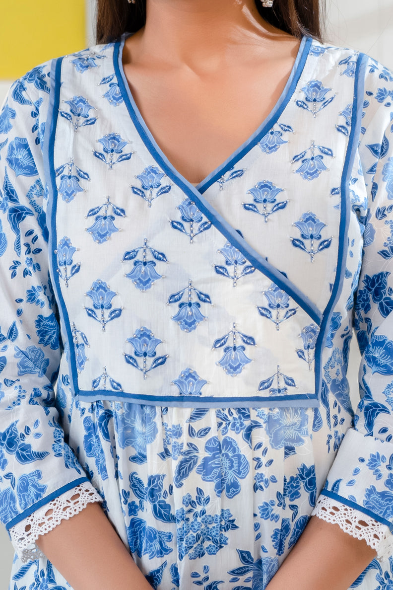 Blue and White Printed A-Line Kurta with Pant
