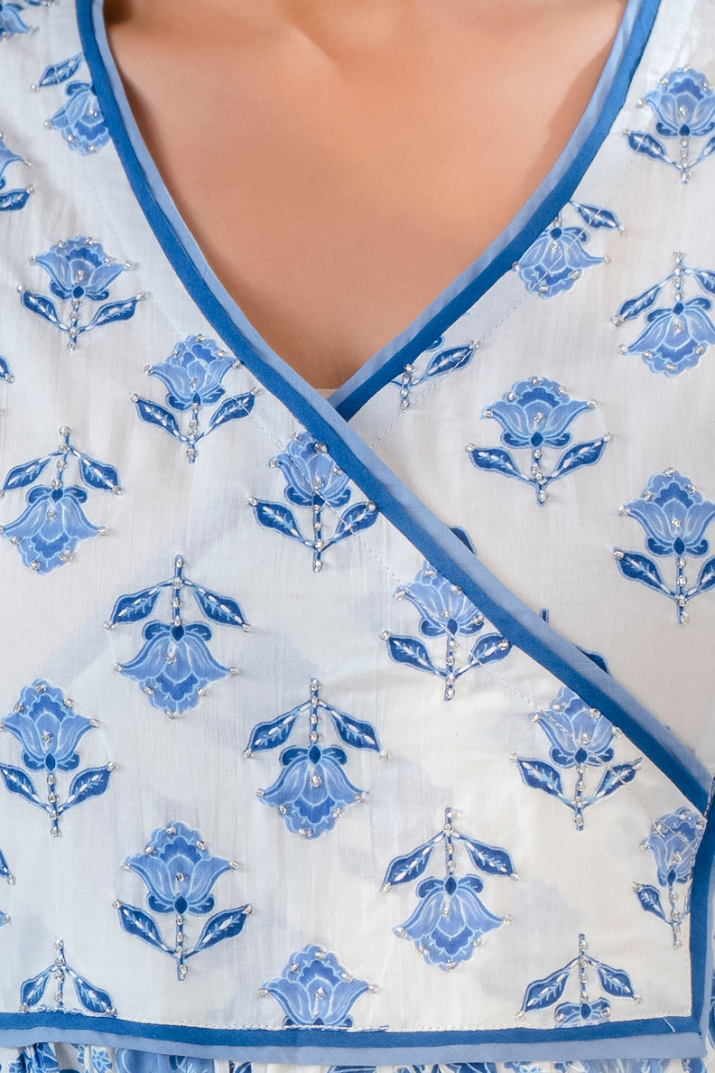 Blue and White Printed A-Line Kurta with Pant
