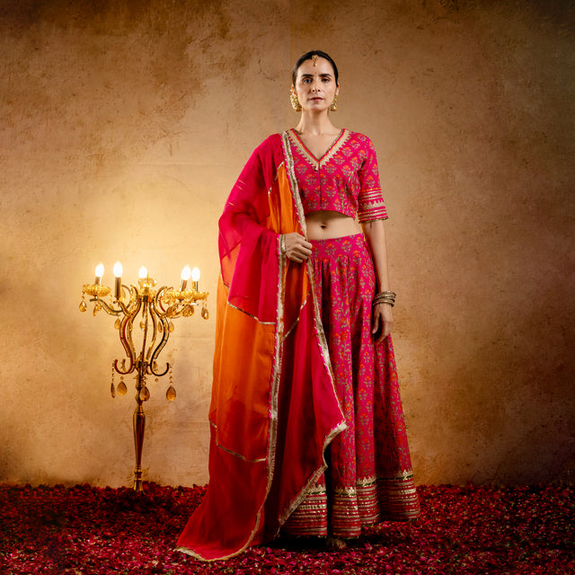 Rani Printed Cotton Lehenga-Blouse with Zari Gota Laces and Organza Dupatta