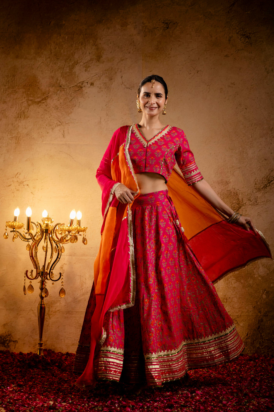 Rani Printed Cotton Lehenga-Blouse with Zari Gota Laces and Organza Dupatta