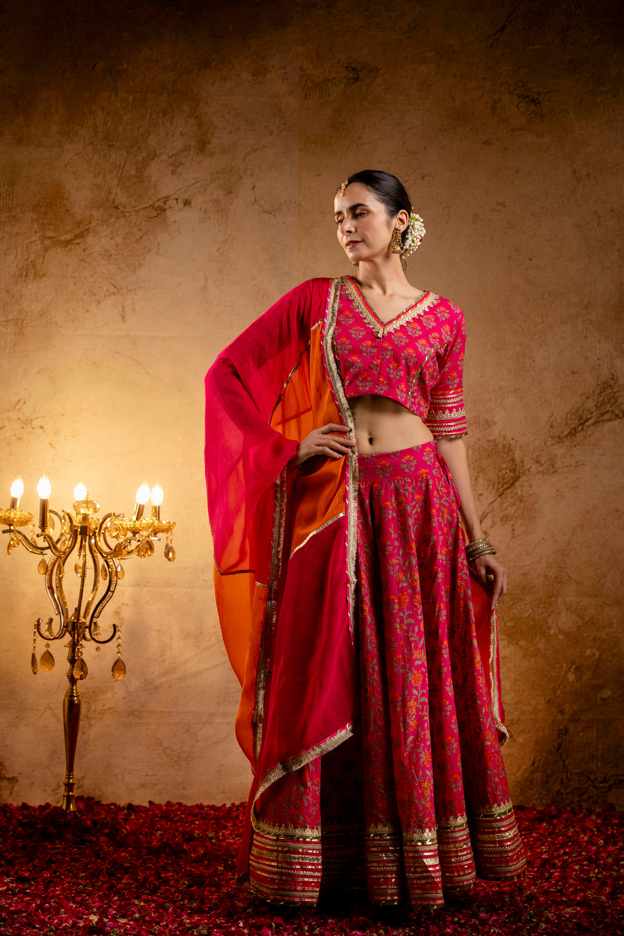 Rani Printed Cotton Lehenga-Blouse with Zari Gota Laces and Organza Dupatta