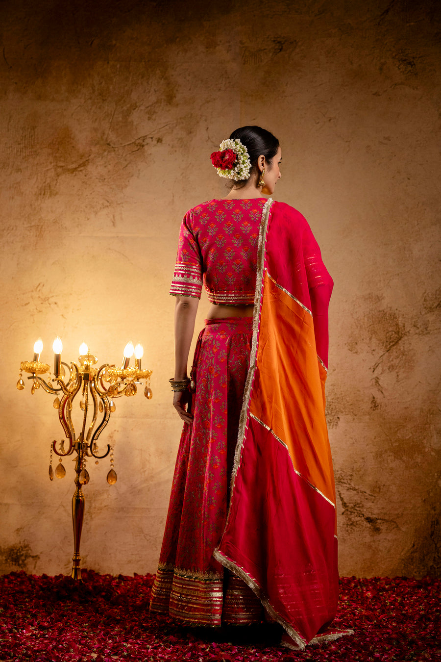 Rani Printed Cotton Lehenga-Blouse with Zari Gota Laces and Organza Dupatta