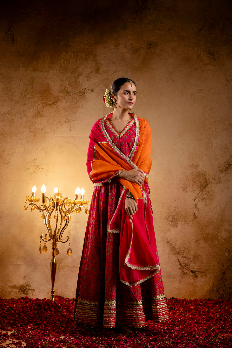 Rani Printed Cotton Lehenga-Blouse with Zari Gota Laces and Organza Dupatta
