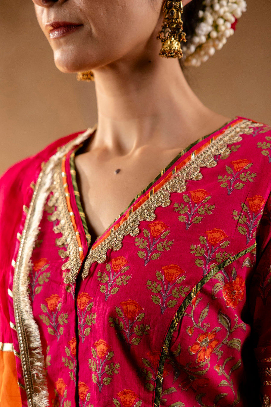 Rani Printed Cotton Lehenga-Blouse with Zari Gota Laces and Organza Dupatta
