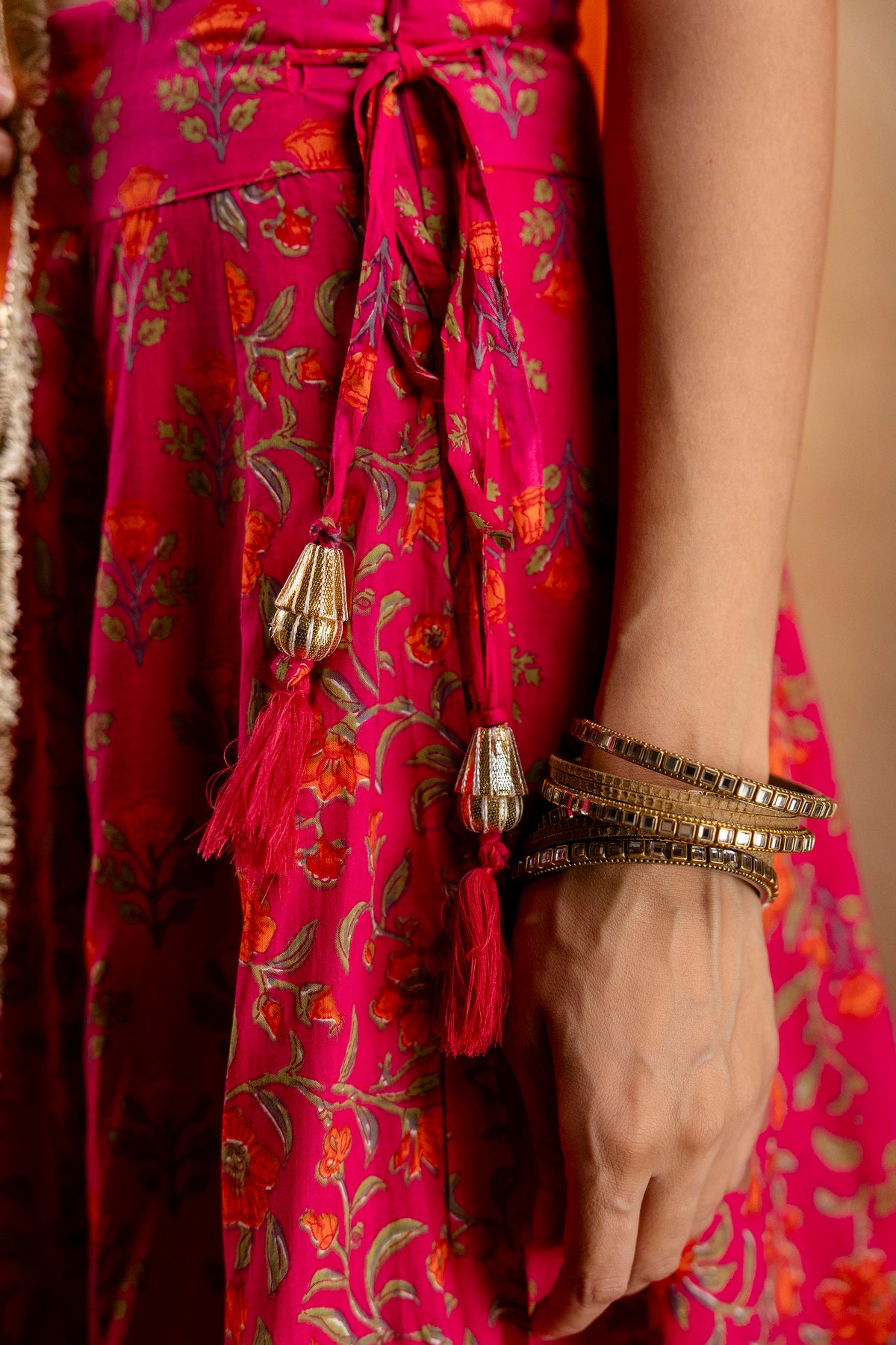 Rani Printed Cotton Lehenga-Blouse with Zari Gota Laces and Organza Dupatta