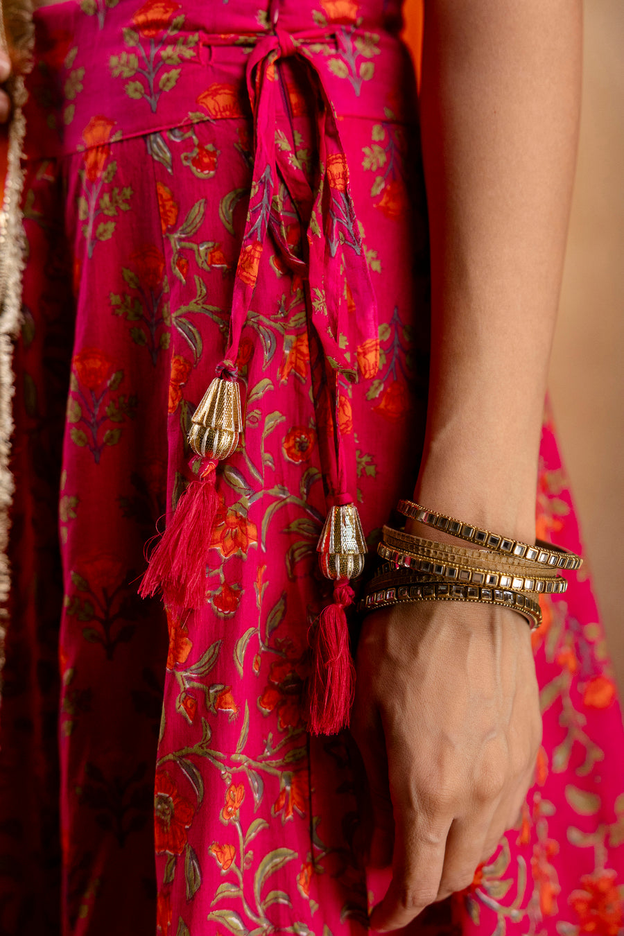 Rani Printed Cotton Lehenga-Blouse with Zari Gota Laces and Organza Dupatta