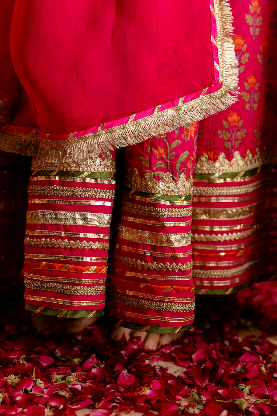 Rani Printed Cotton Lehenga-Blouse with Zari Gota Laces and Organza Dupatta