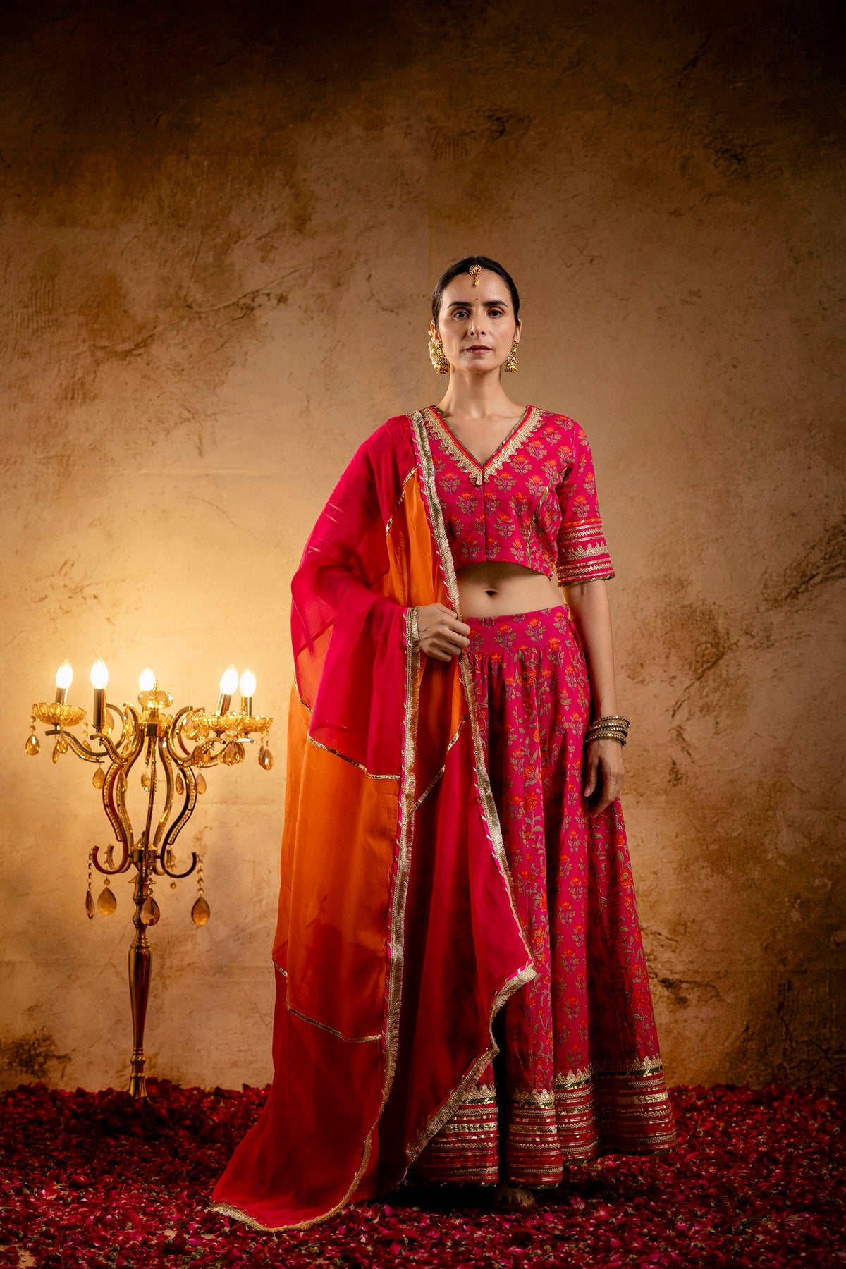 Rani Printed Cotton Lehenga-Blouse with Zari Gota Laces and Organza Dupatta