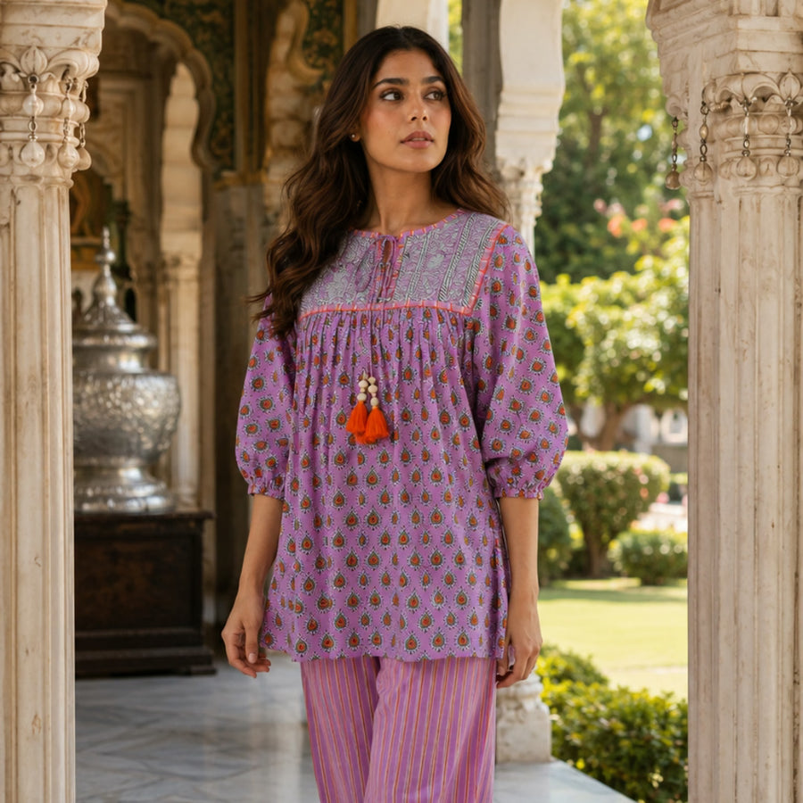 Pink block print cotton co-ord set for women - front view - EKOHUM