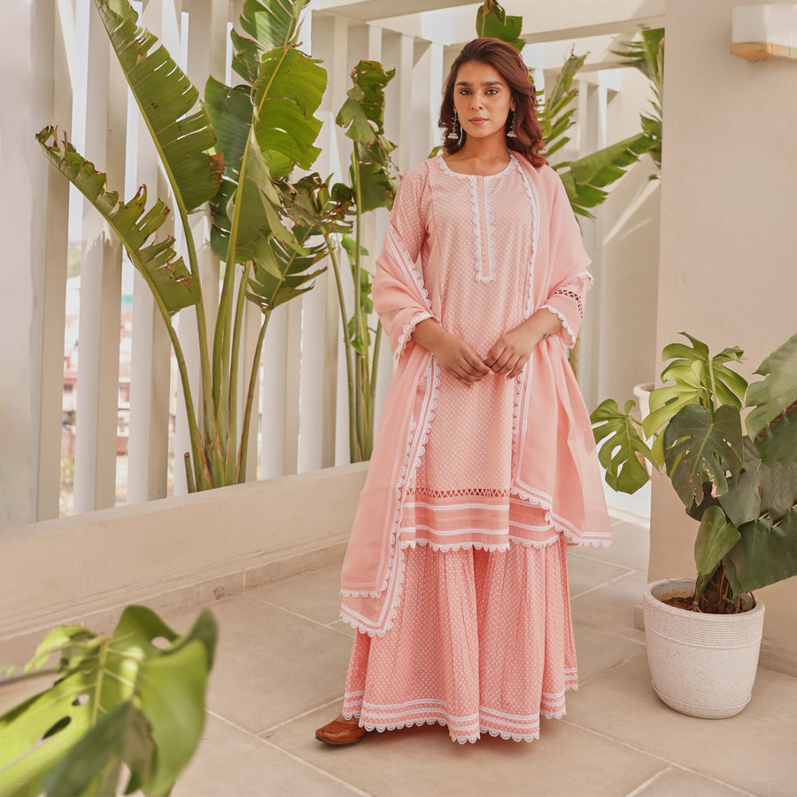 Pink Chunakhari Printed Cotton Lace Work Kurta Set with Organza Dupatta with Lace Work