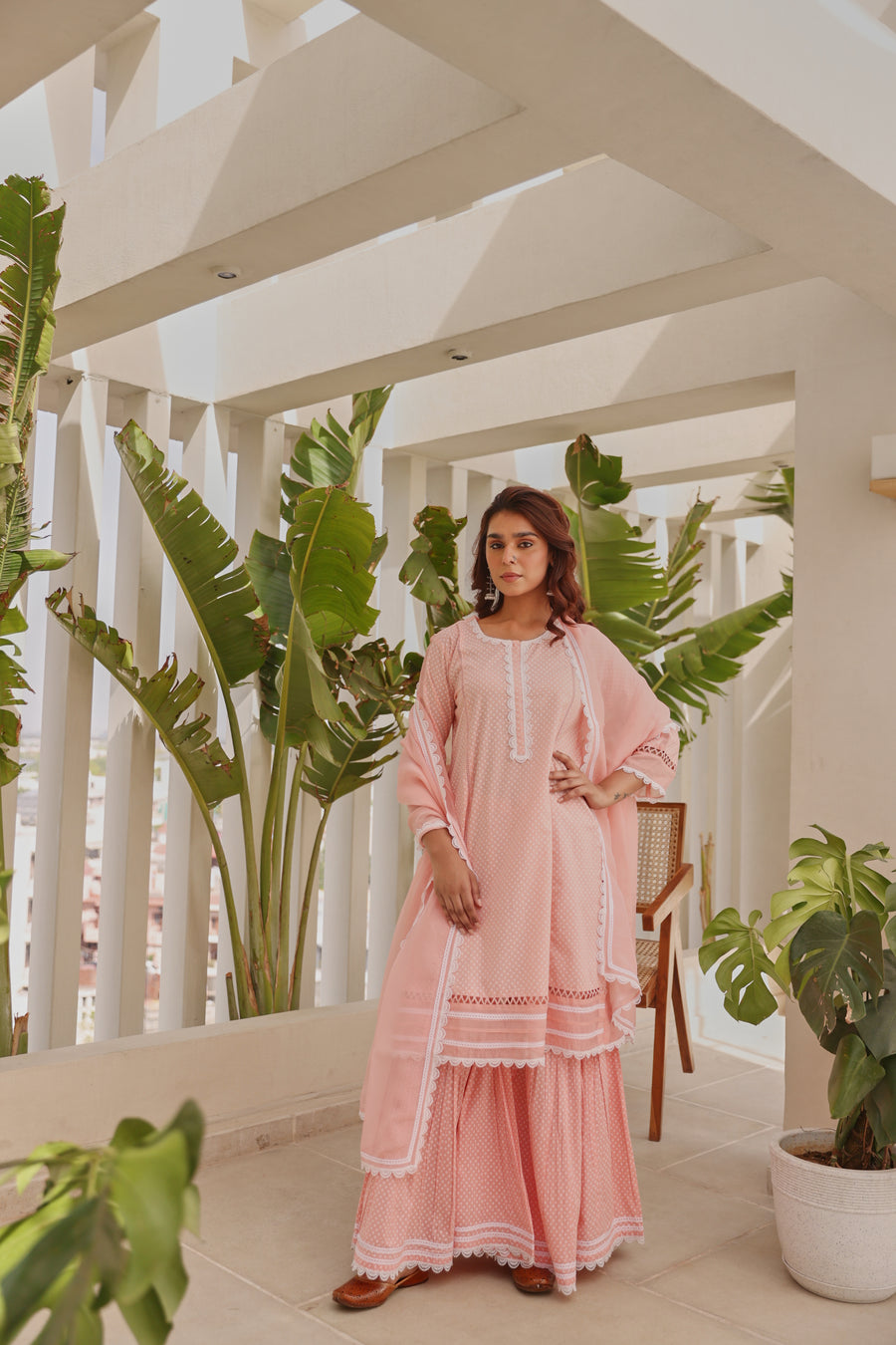Pink Chunakhari Printed Cotton Lace Work Kurta Set with Organza Dupatta with Lace Work